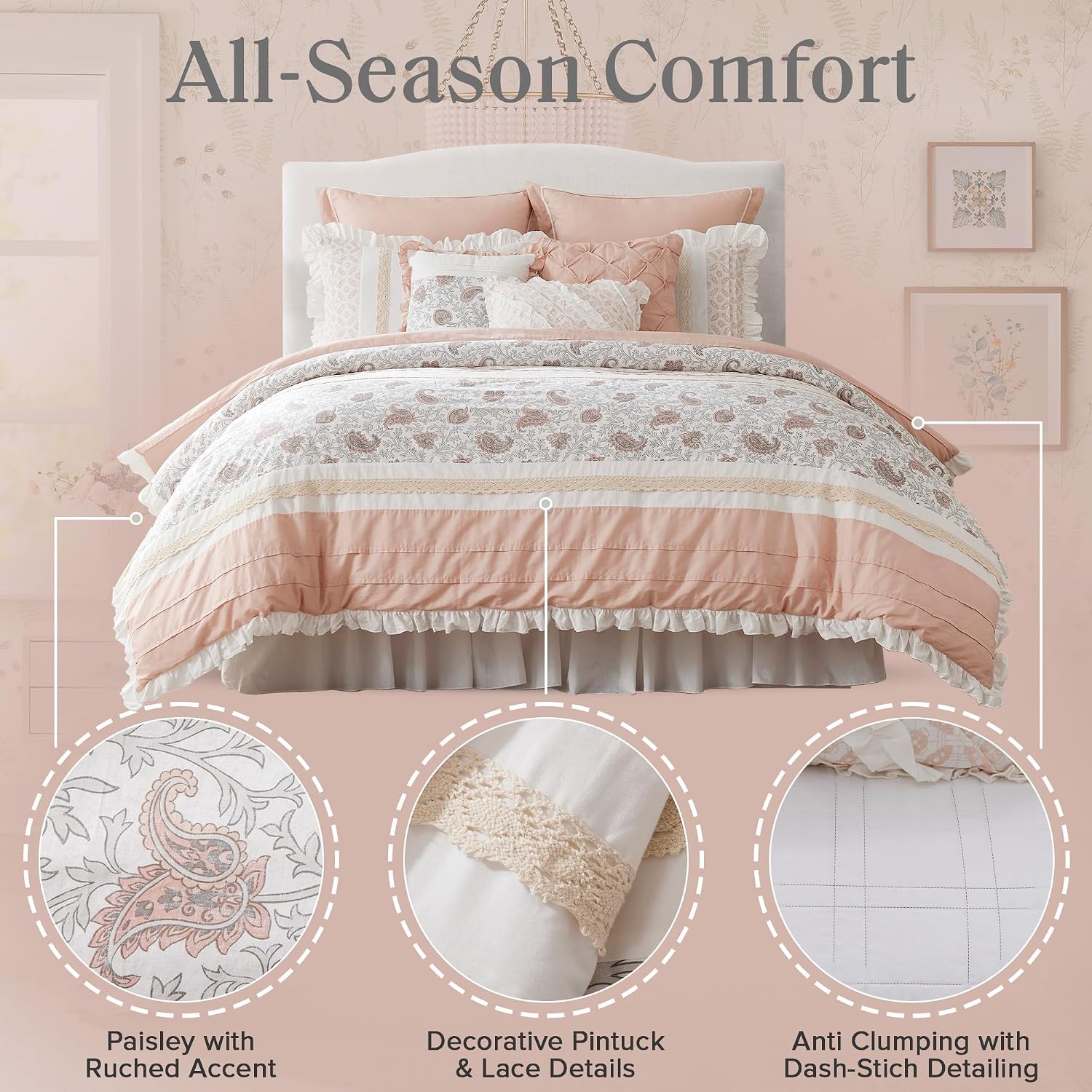 Madison Park Dawn 100% Cotton Shabby Chic Comforter Set-Modern Cottage Design All Season Down Alternative Bedding, Matching Shams, Bedskirt, Decorative Pillows, King(104'x92'), Blush 9 Piece