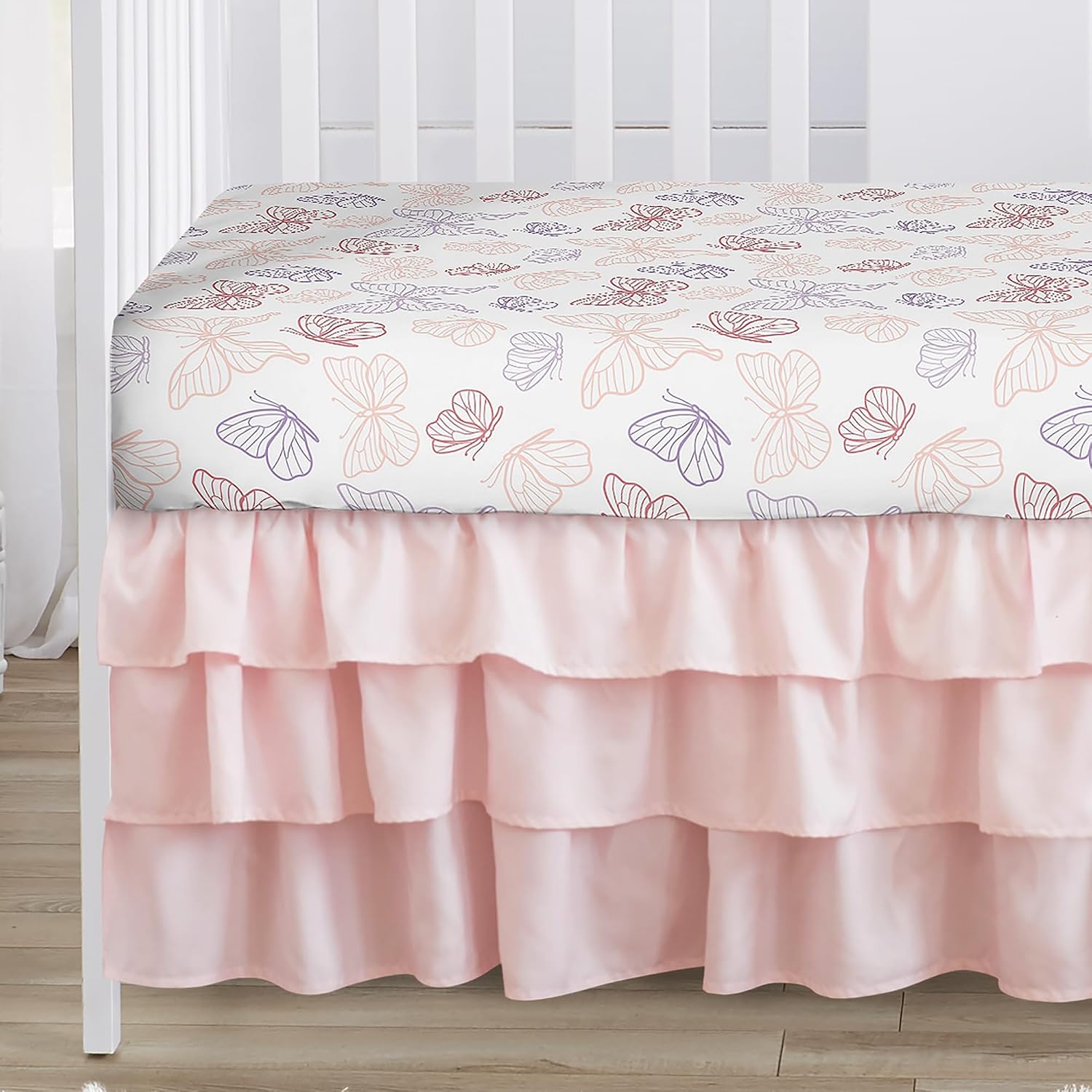 Sweet Jojo Designs Shabby Chic Butterfly Girl Baby Crib Bedding Set Infant Nursery Room Blanket Fitted Sheet Skirt Diaper Stacker 4p Blush Pink Lavender Purple White Pastel Lilac Watercolor Pattern