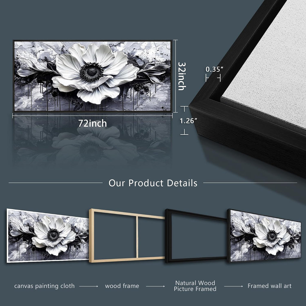 JUDASJART Black and white Canvas Painting Wall Decor For Living Room Wall Art For Bedroom Office Decoration Abstract Flowers Artworks Pictures Ready To Hang Modern Aesthetics Home Decor 32x72 In