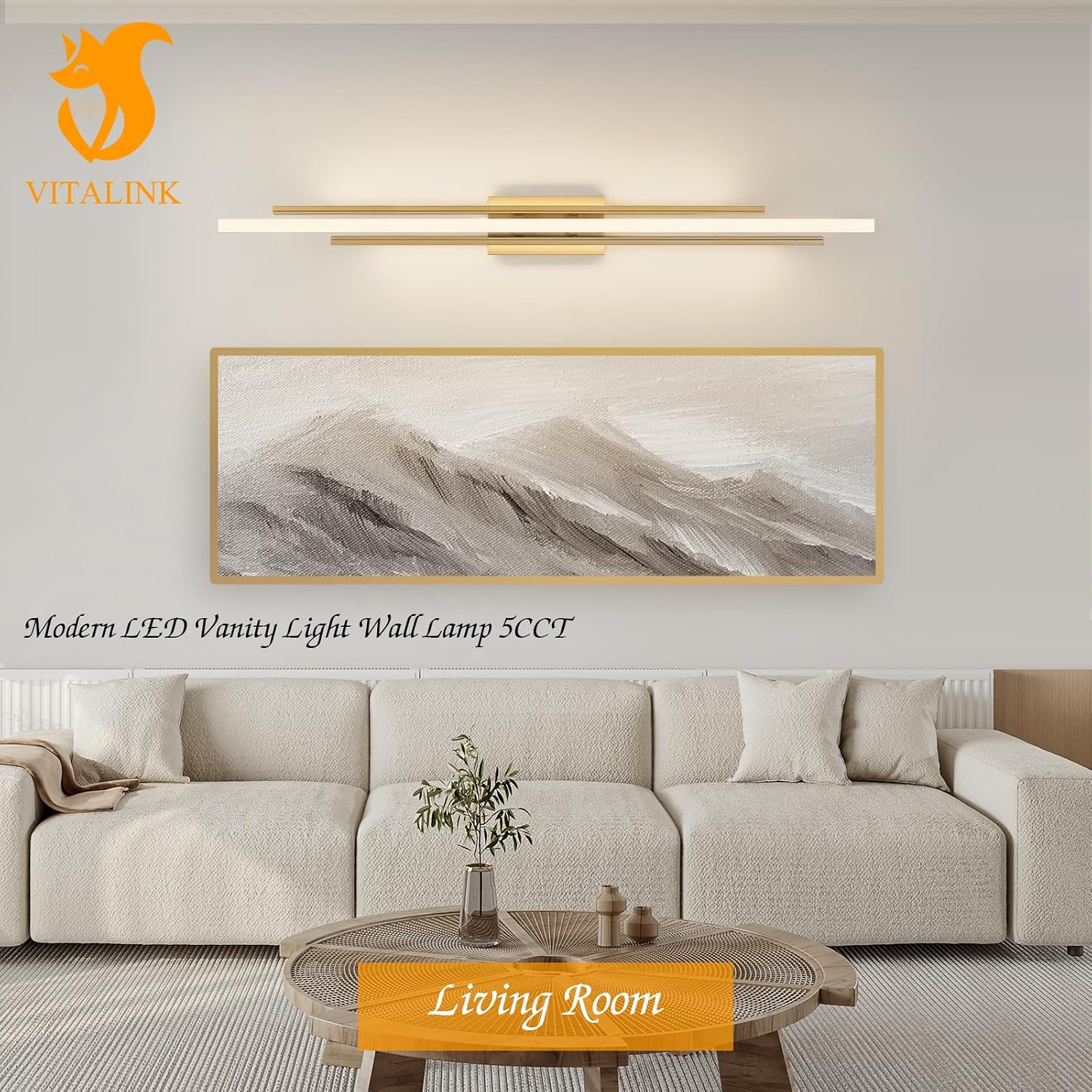 VitaLink 48' Gold LED Bathroom Light Fixtures Long Vanity Lights Over Mirror Lighting Lamps Wall Mount Lighting Over Vanity Picture Indoor 5CCT(3000K/3800K/4500K/5200K/6000K)