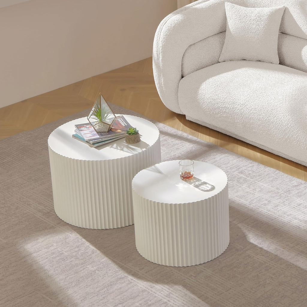 Round Nesting Coffee Table Set of 2 for Living Room, Modern End Table MDF Finish Side Table Circular Coffee Table 2 Pieces for Small Space No Assembly Request - White