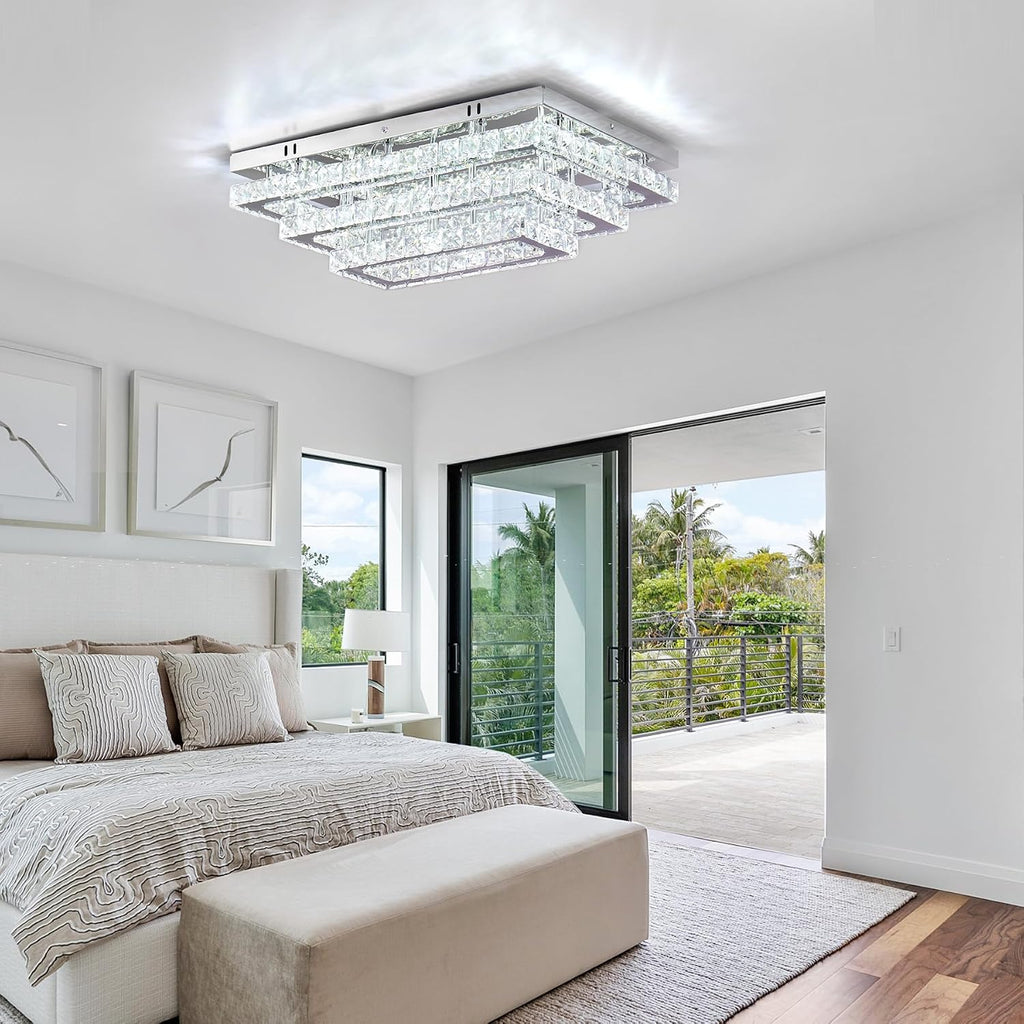 Finktonglan Modern Crystal LED Ceiling Light Fixture 20' Rectangular Flush Mount Chandelier Ceiling Lights 3-Tiers Stainless Steel Ceiling Lamp Fixtures for Living Room Dining Room(6500K Cool White)