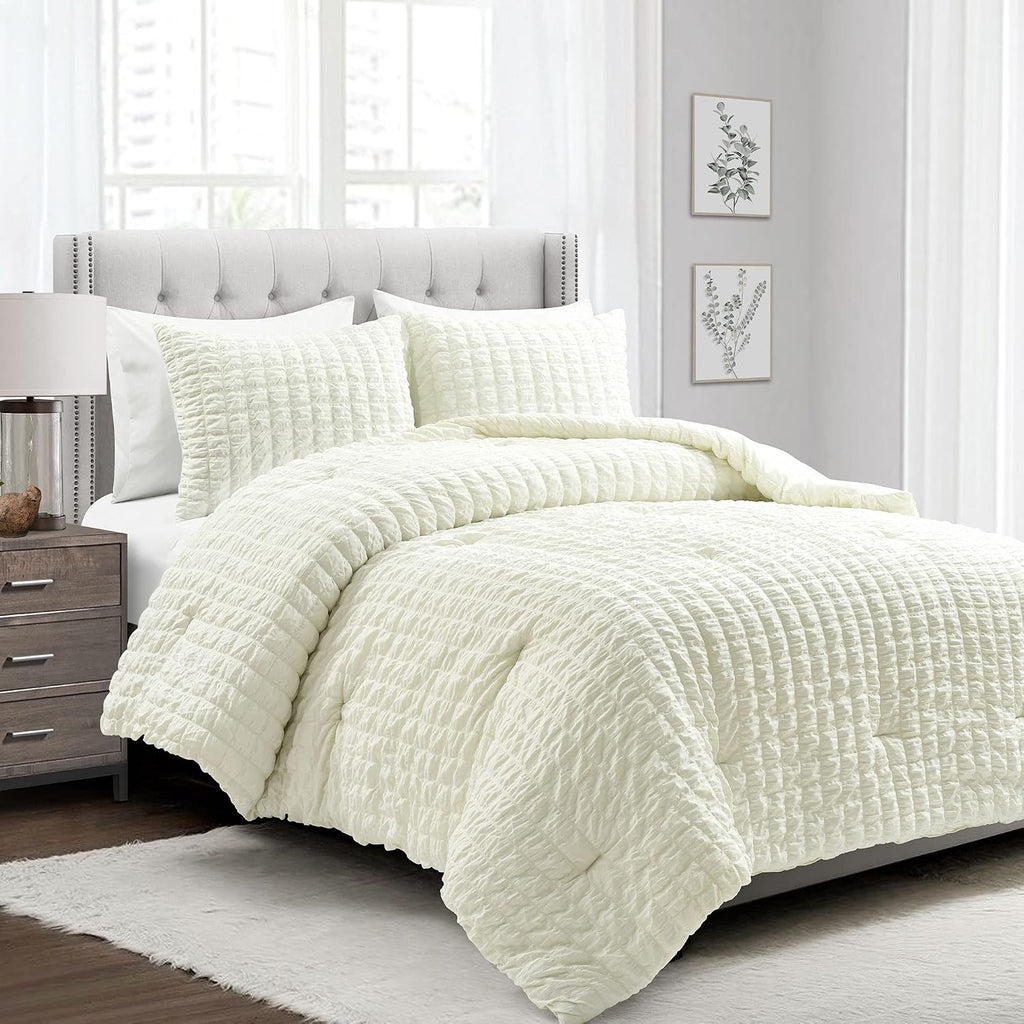 Lush Decor Crinkle Textured Dobby 3 Piece Comforter Set, King, Ivory