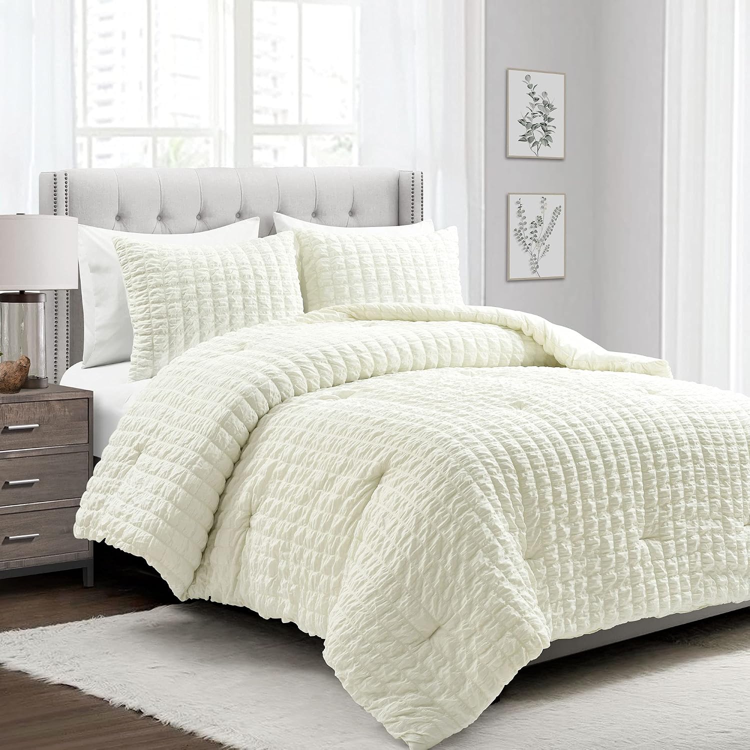 Lush Decor Crinkle Textured Dobby 3 Piece Comforter Set, King, Ivory