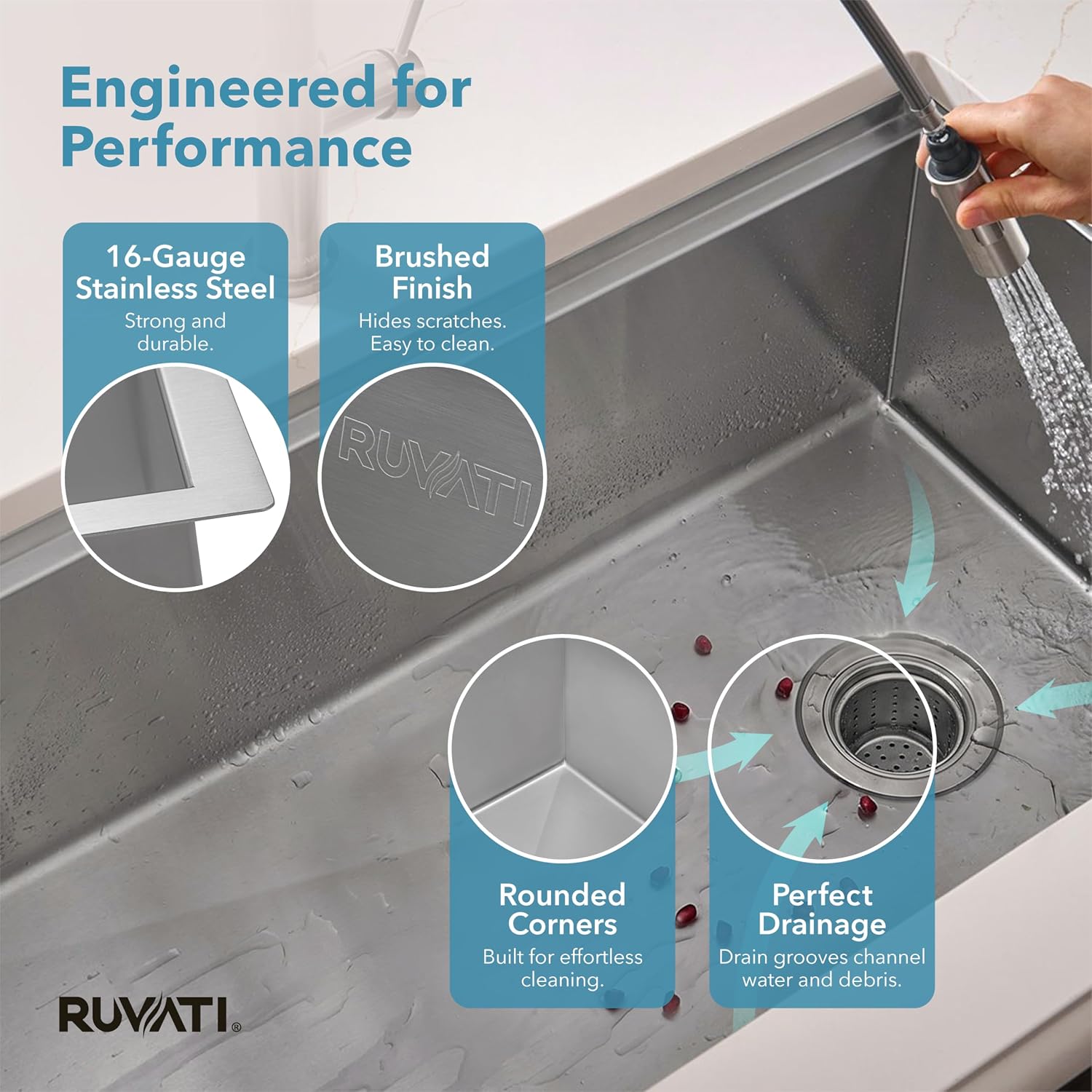 Ruvati 30-inch Workstation Kitchen Sink - Slope Bottom Offset Drain 16 Gauge Stainless Steel Kitchen Sink with Brushed Finish hides scratches, Easy-to-Clean Undermount Sink - RVH8582