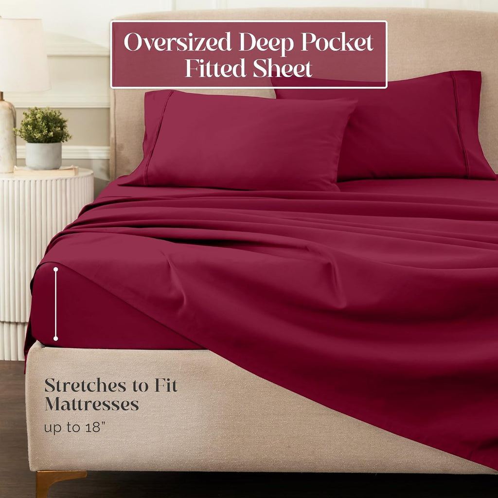 Superior 1200 Thread Count Egyptian Cotton Sheet Set, Bedroom Sheets, Modern Home Essentials, Luxury Bedding, 1 Elastic Deep Pocket Fitted Bed Sheet, 1 Flat Sheet, 2 Pillowcases, Queen, Burgundy