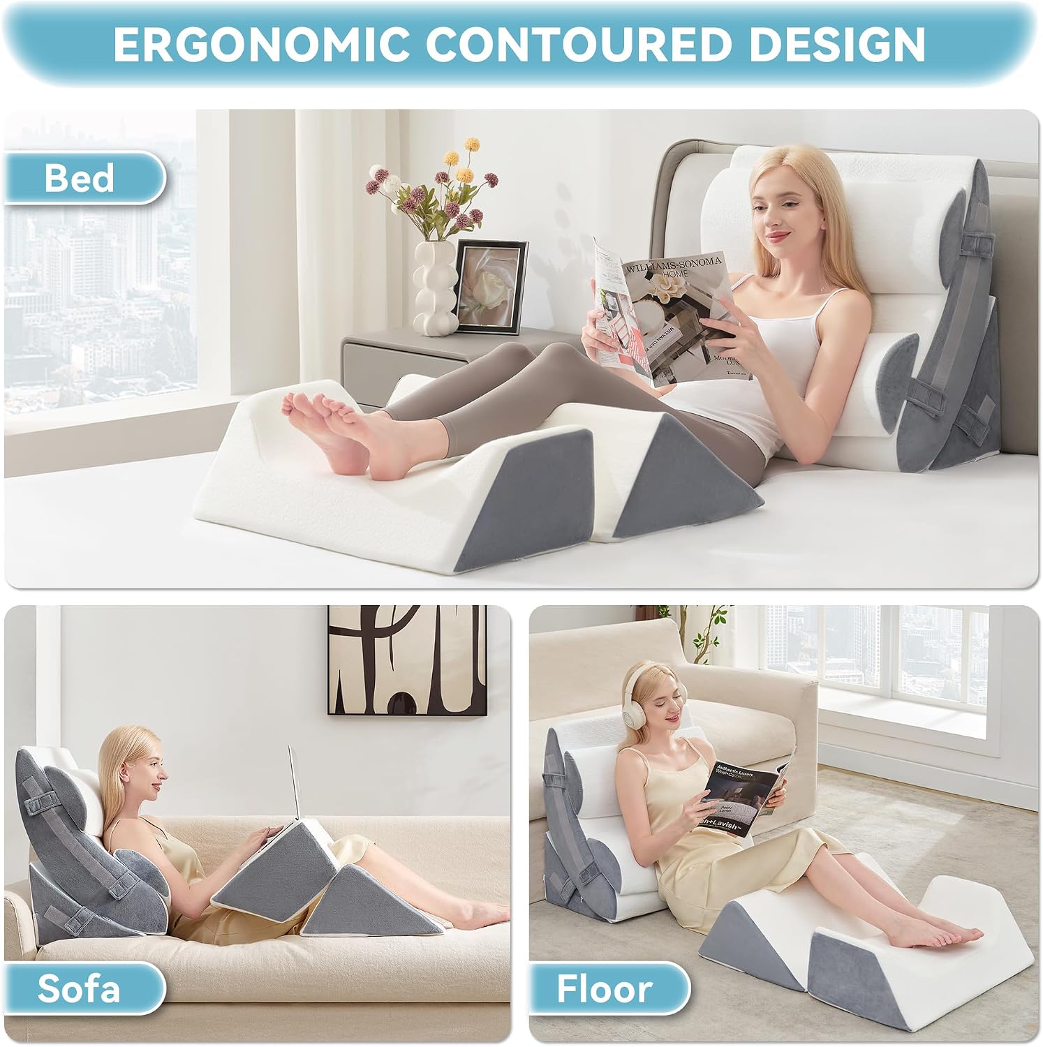 Kingfun 6PCS Orthopedic Bed Wedge Pillow Set for Headboard, Post Surgery Memory Foam Support Pillows for Back, Neck and Leg Pain Relief, Adjustable Triangle Pillow - Acid Reflux, Anti Snoring & GERD