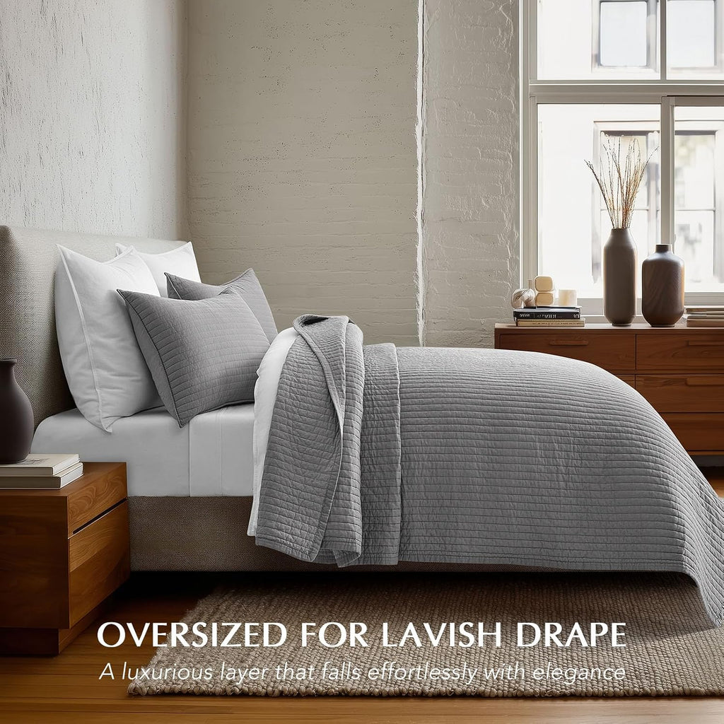 EVERGRACEHOME Cotton Sateen Quilt Set King Size, Pre-Washed Cotton Channel Stitch Coverlet Bedspread, 3 Pieces Lightweight Soft Bedding Sets for All Season, with 2 Pillow Shams, Fog Gray