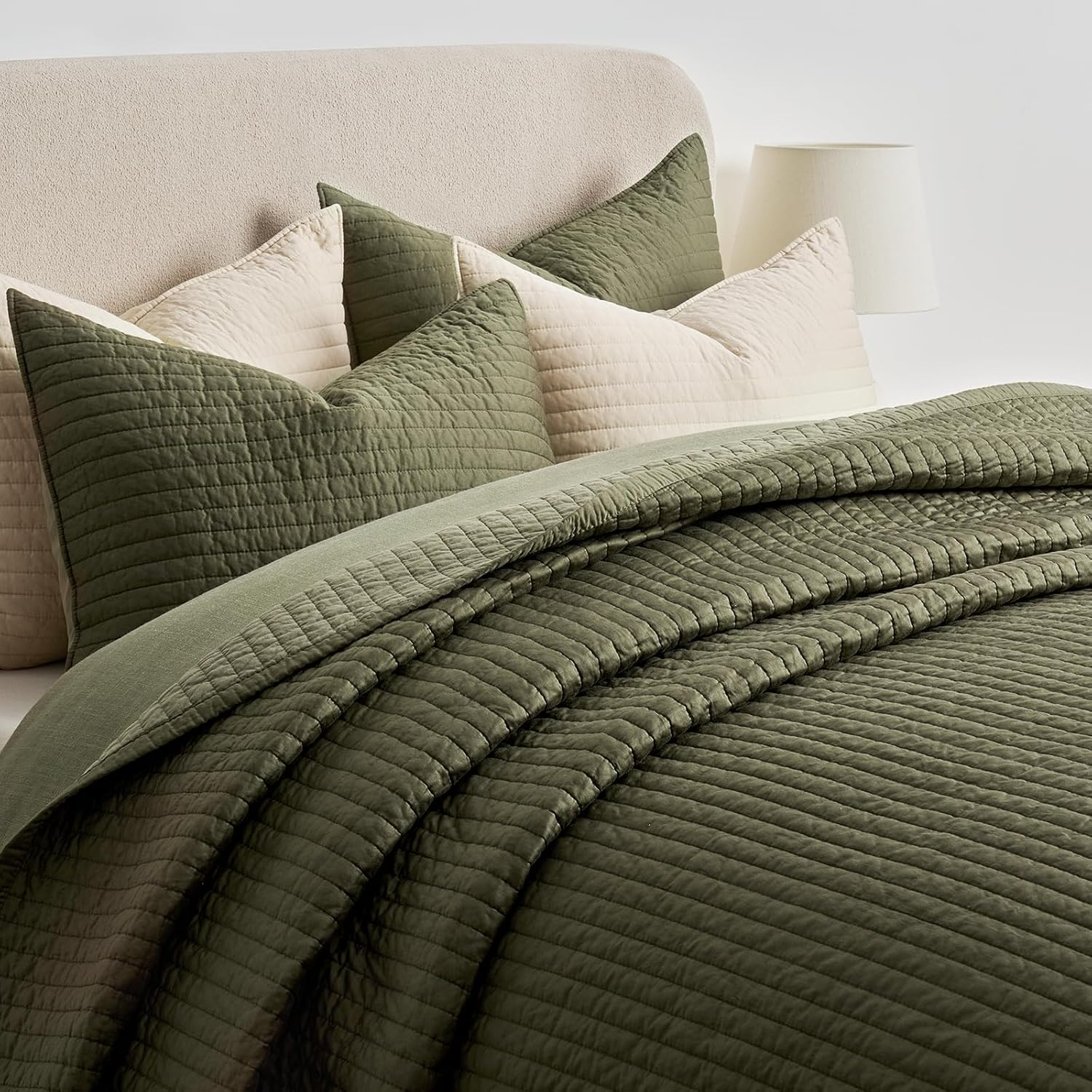 EVERGRACEHOME Cotton Sateen Quilt Set King Size, Pre-Washed Cotton Channel Stitch Coverlet Bedspread, 3 Pieces Lightweight Soft Bedding Sets for All Season, with 2 Pillow Shams, Olive Green