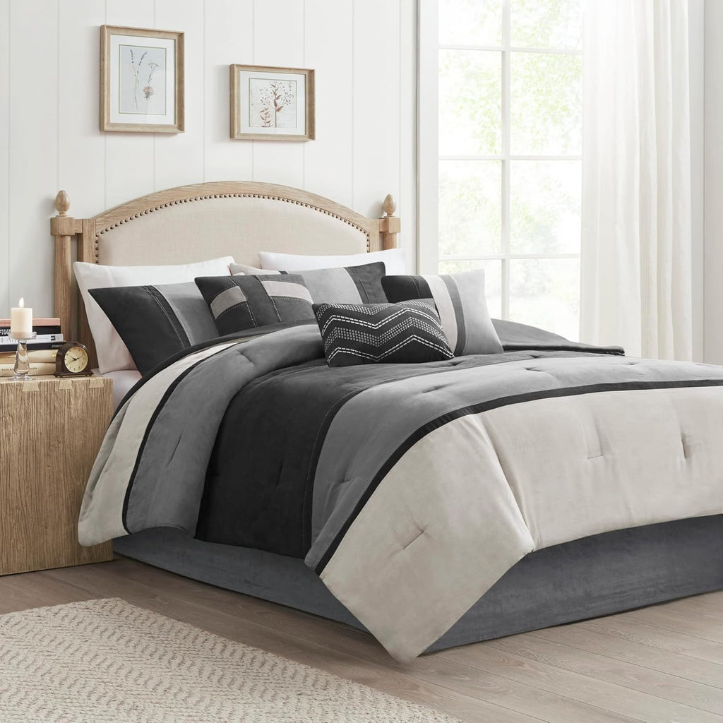 Madison Park Palisades Comforter Set Modern Faux Suede Pieced Stripe Design, All Season Down Alternative Cozy Bedding with Matching Shams, Decorative Pillows, Queen(90'x90'), Black 7 Piece