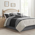 Madison Park Palisades Comforter Set Modern Faux Suede Pieced Stripe Design, All Season Down Alternative Cozy Bedding with Matching Shams, Decorative Pillows, Queen(90'x90'), Black 7 Piece