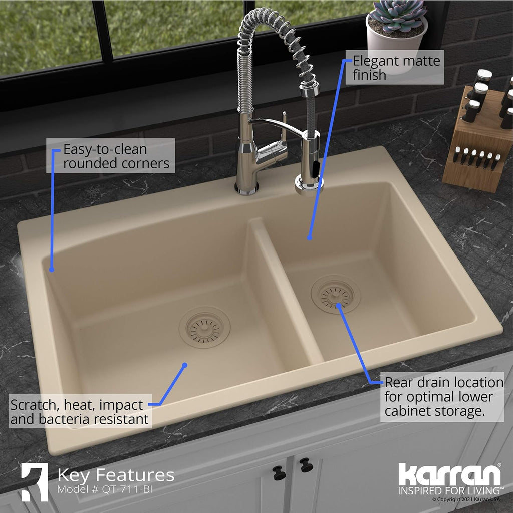 Karran QT-711 Drop-In Quartz Composite 33 in. 1-Hole 60/40 Double Bowl Kitchen Sink in Bisque