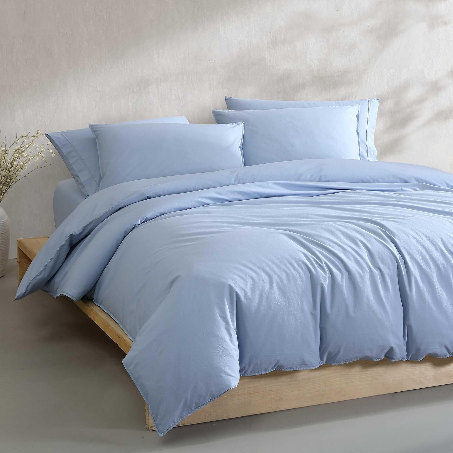 Calvin Klein - King Duvet Cover Set, Relaxed Garment Washed Cotton Percale Bedding with Shams, Button & Corner Tie Closure, Oeko-Tex Certified (Modern Cotton Washed Percale Blue)