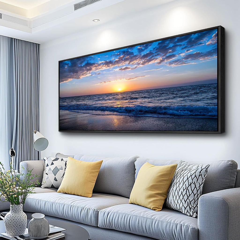 hyidecorart Blue Ocean Wall Art Large Paintings For Living Room Wall Decor For Bedroom Landscape Nature Artwork For Walls Canvas Prints Calm Waves Beach Pictures For The Office Black Framed 72x32