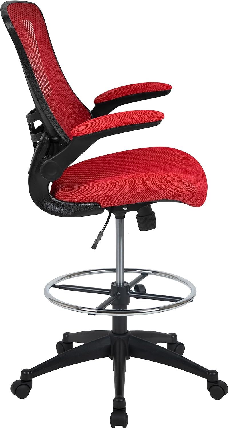 Flash Furniture Kelista Mid-Back Swivel Office Chair with Adjustable Seat Height, Ergonomic Mesh Desk Chair with Flip-Up Armrests, Red