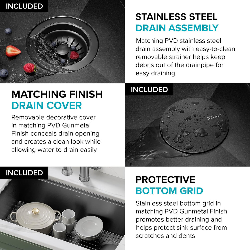 KRAUS Kore Workstation 33-inch Farmhouse Apron Front 16 Gauge Black Stainless Steel Single Bowl Kitchen Sink in PVD Gunmetal Finish with Accessories, KWF210-33/PGM