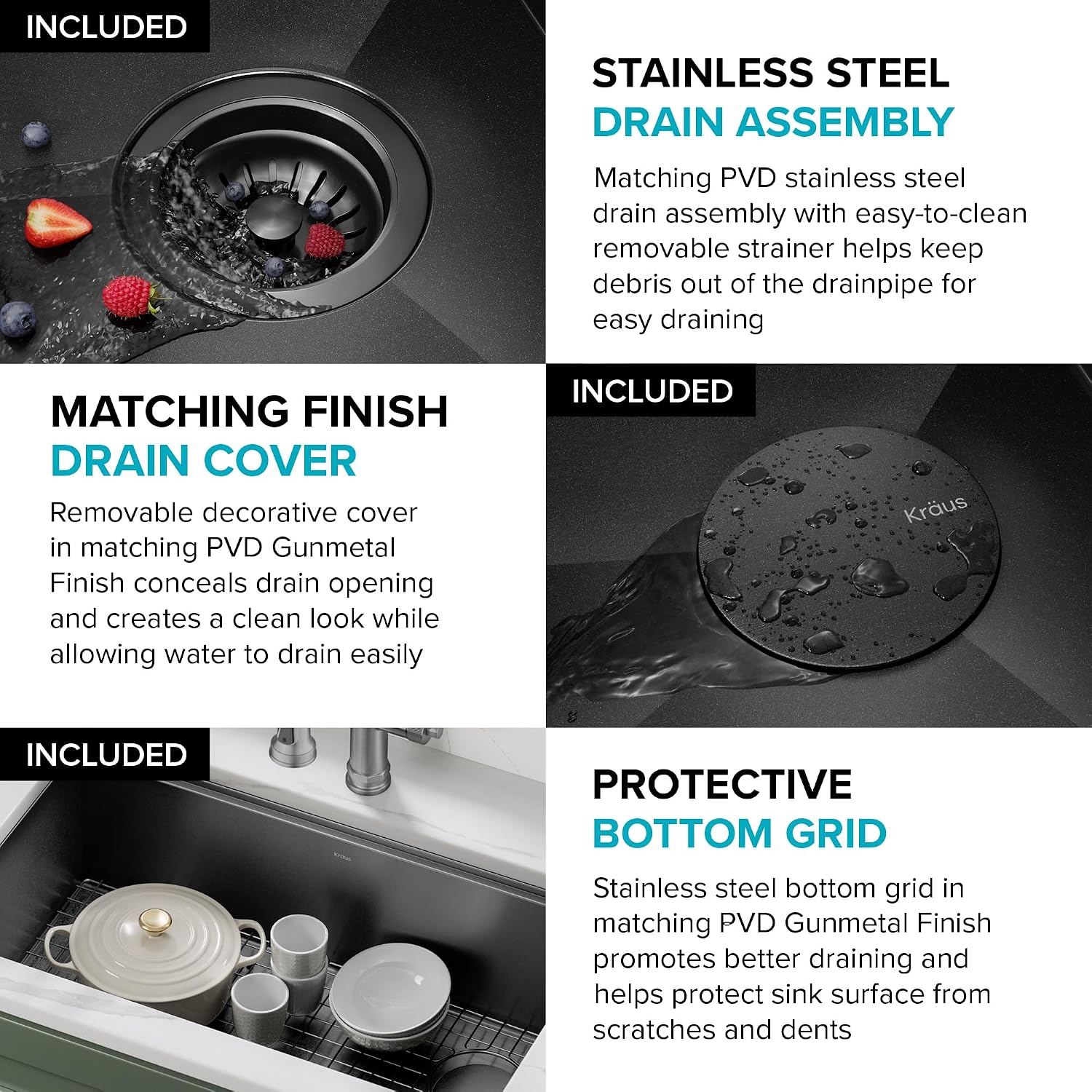 KRAUS Kore Workstation 33-inch Farmhouse Apron Front 16 Gauge Black Stainless Steel Single Bowl Kitchen Sink in PVD Gunmetal Finish with Accessories, KWF210-33/PGM