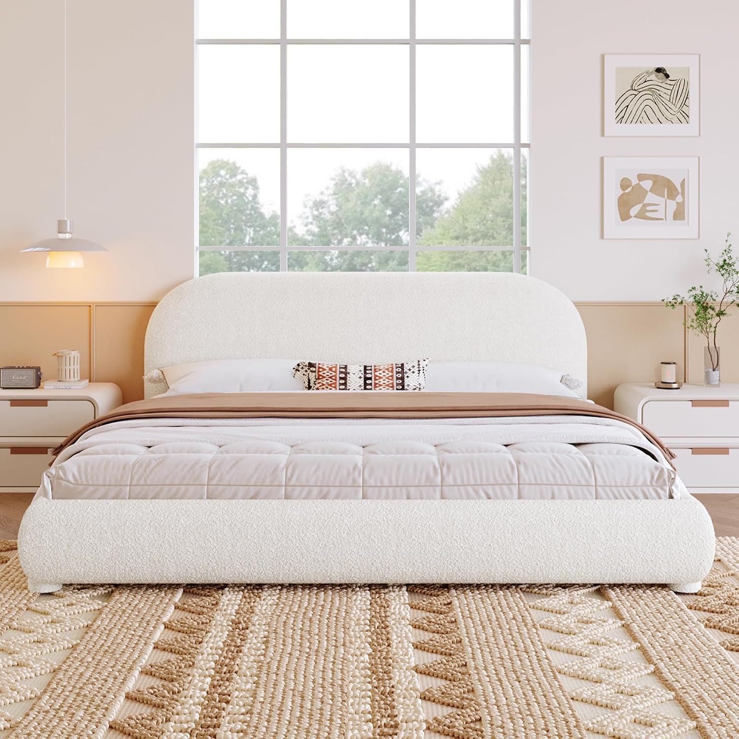 Curve-Shaped Upholstered Platform Bed with Curved Shaped Headboard, Queen Size Wood Bed Frame for Kids Adults Bedroom Furniture, Velvet Thick Fabric Upholstered Bed Grounded Bed (Cream, Queen)