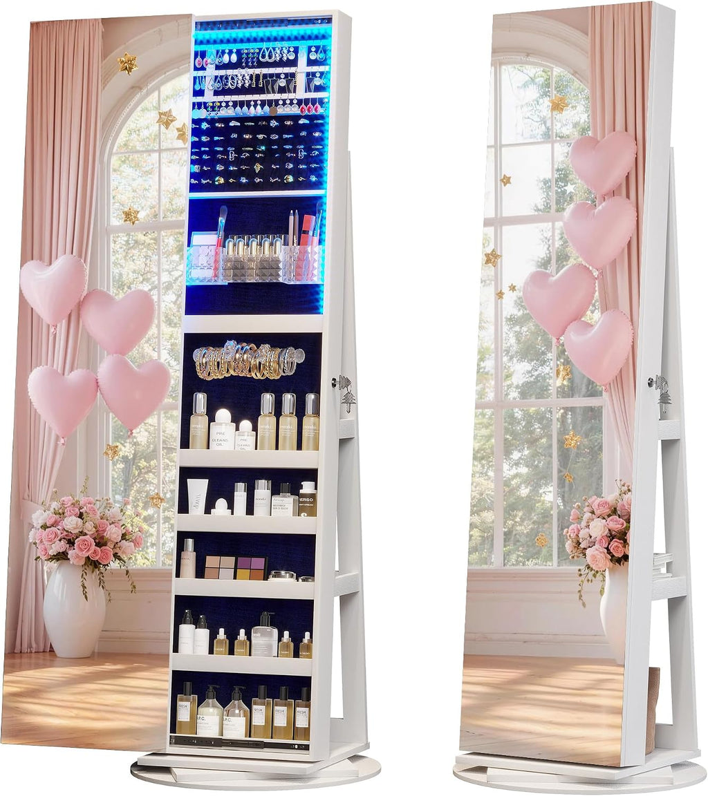 LVSOMT 360° Swivel Jewelry Mirror Cabinet with Lights, Standing Jewelry Armoire Organizer, 63' Rotatable Full-Length Mirror with Jewelry Storage, Lockable with Back Storage Shelve, White