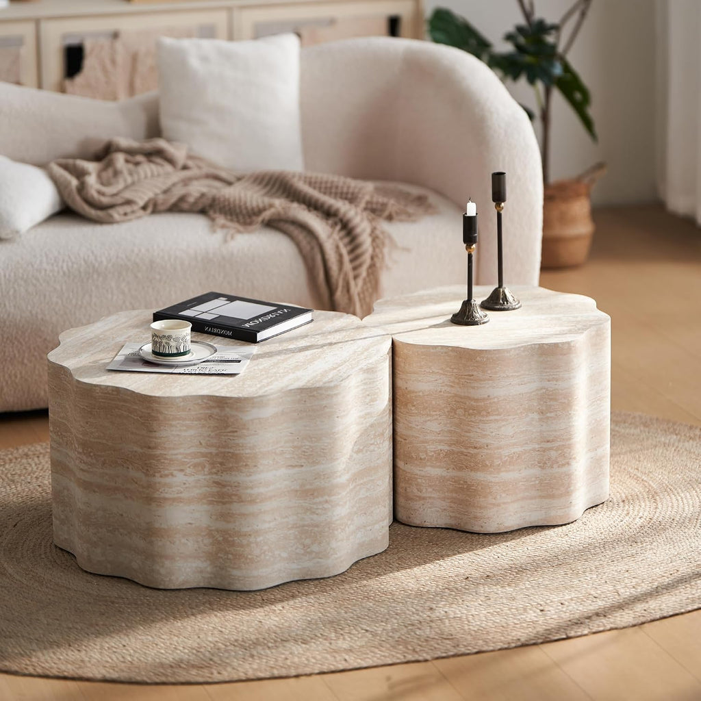 Nesting Coffee Table Set of 2, Modern Wood Center Table for Living Room, Faux Mars Pattern Side Table Accent End Table for Apartment Office, No Need Assembly (26.7'& 23.6')