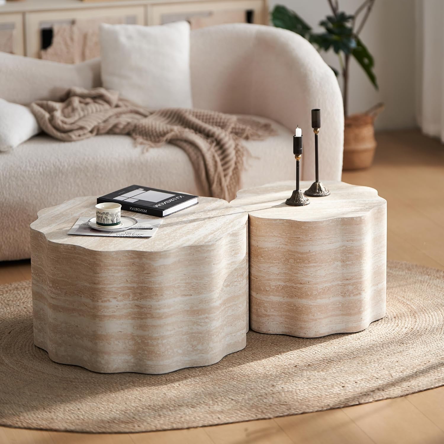 Nesting Coffee Table Set of 2, Modern Wood Center Table for Living Room, Faux Mars Pattern Side Table Accent End Table for Apartment Office, No Need Assembly (26.7'& 23.6')