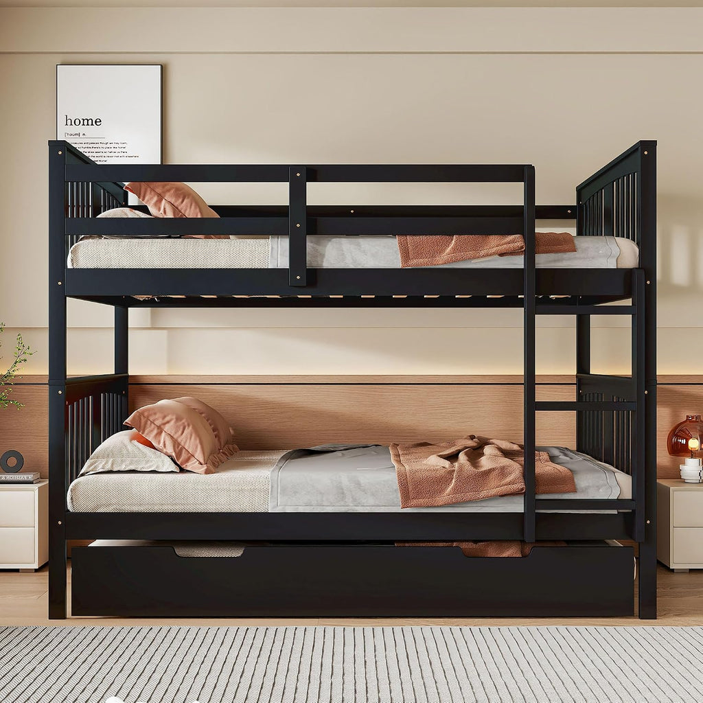 Harper & Bright Designs Full Over Full Bunk Bed with Trundle, Solid Wood Bunk Bed Frame with Ladders, Bedroom Furniture, Espresso