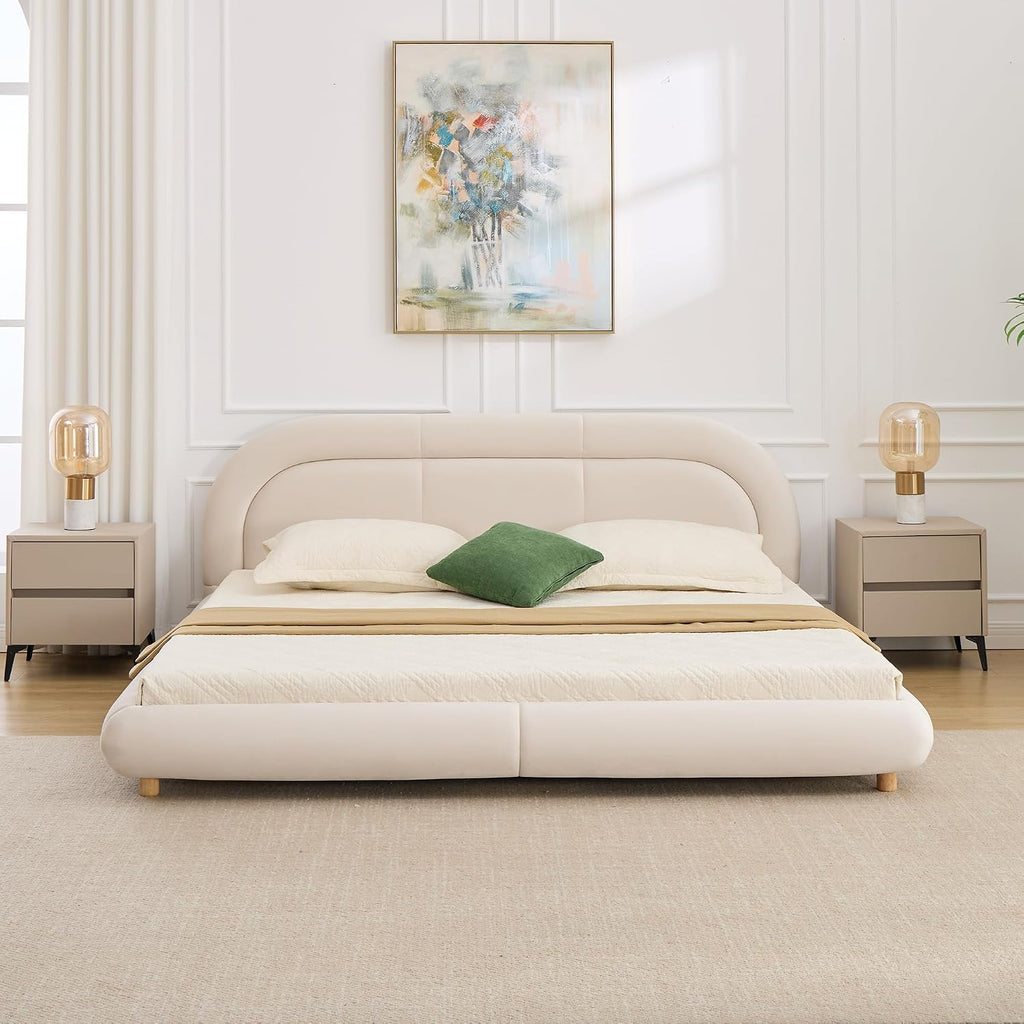 Curve-Shaped Upholstered Platform Bed with Curved Shaped Rounded Headboard, King Size Wood Bed Frame for Kids Adults Bedroom Furniture, Velvet Thick Fabric Upholstered Bed Grounded Bed (Beige-7, King)