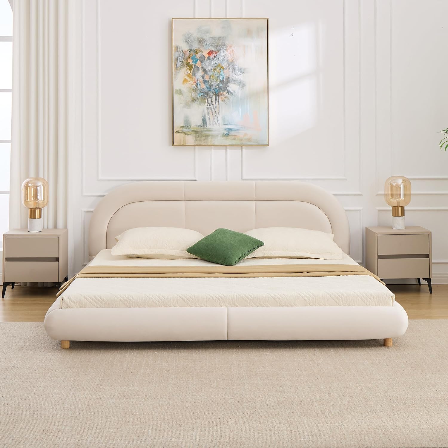 Curve-Shaped Upholstered Platform Bed with Curved Shaped Rounded Headboard, King Size Wood Bed Frame for Kids Adults Bedroom Furniture, Velvet Thick Fabric Upholstered Bed Grounded Bed (Beige-7, King)
