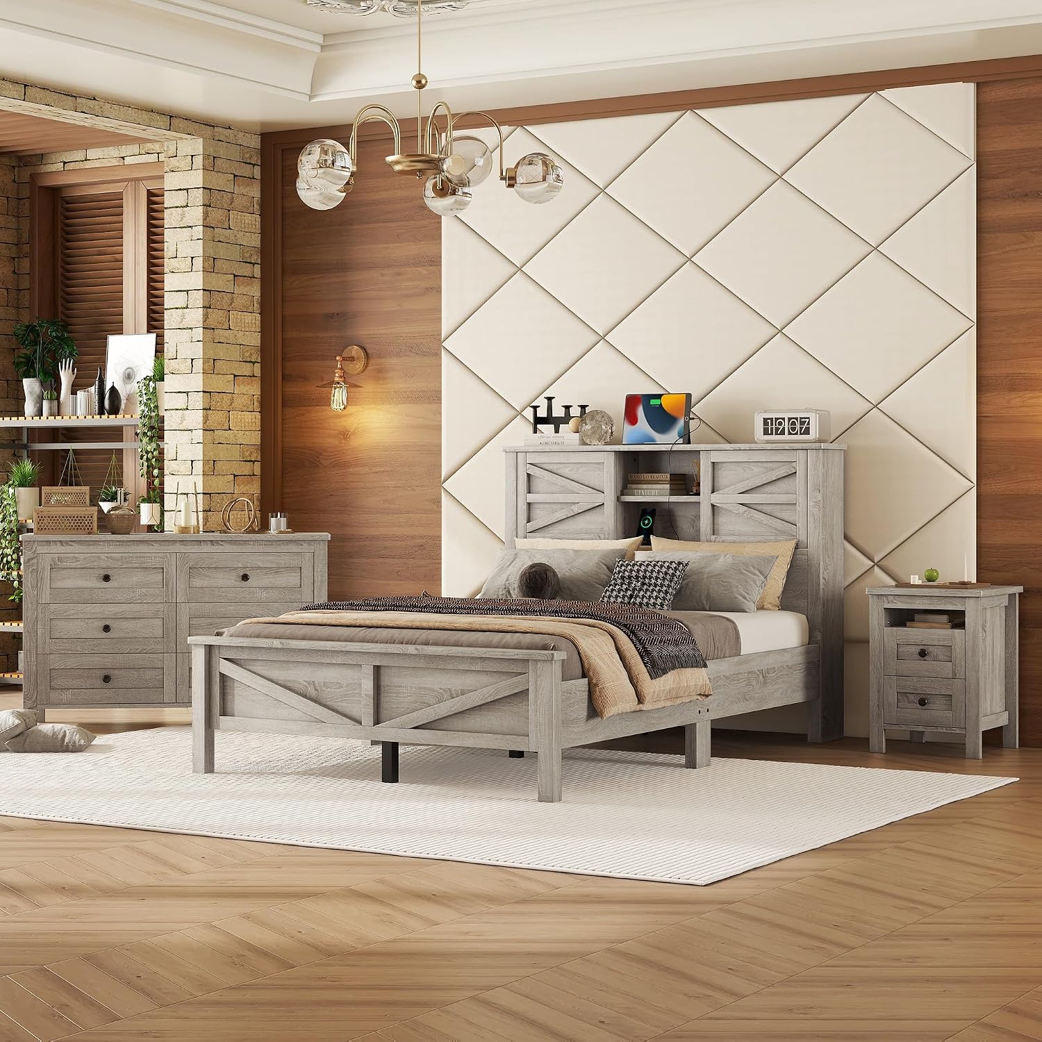 3PCS Bedroom Sets, Full Size Farmhouse Platform Bed with Double Sliding Door Storage Headboard, Cabinet & Nightstand, 3PCS Bedroom Sets with USB, for Kids, Adults, Gray
