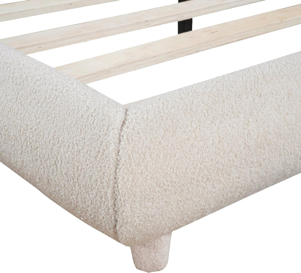 Curve-Shaped Upholstered Platform Bed With Curved Headboard, Queen Size Wood Frame for Kids Adults Bedroom Furniture, Teddy Fleece Thick Fabric Grounded (Beige)