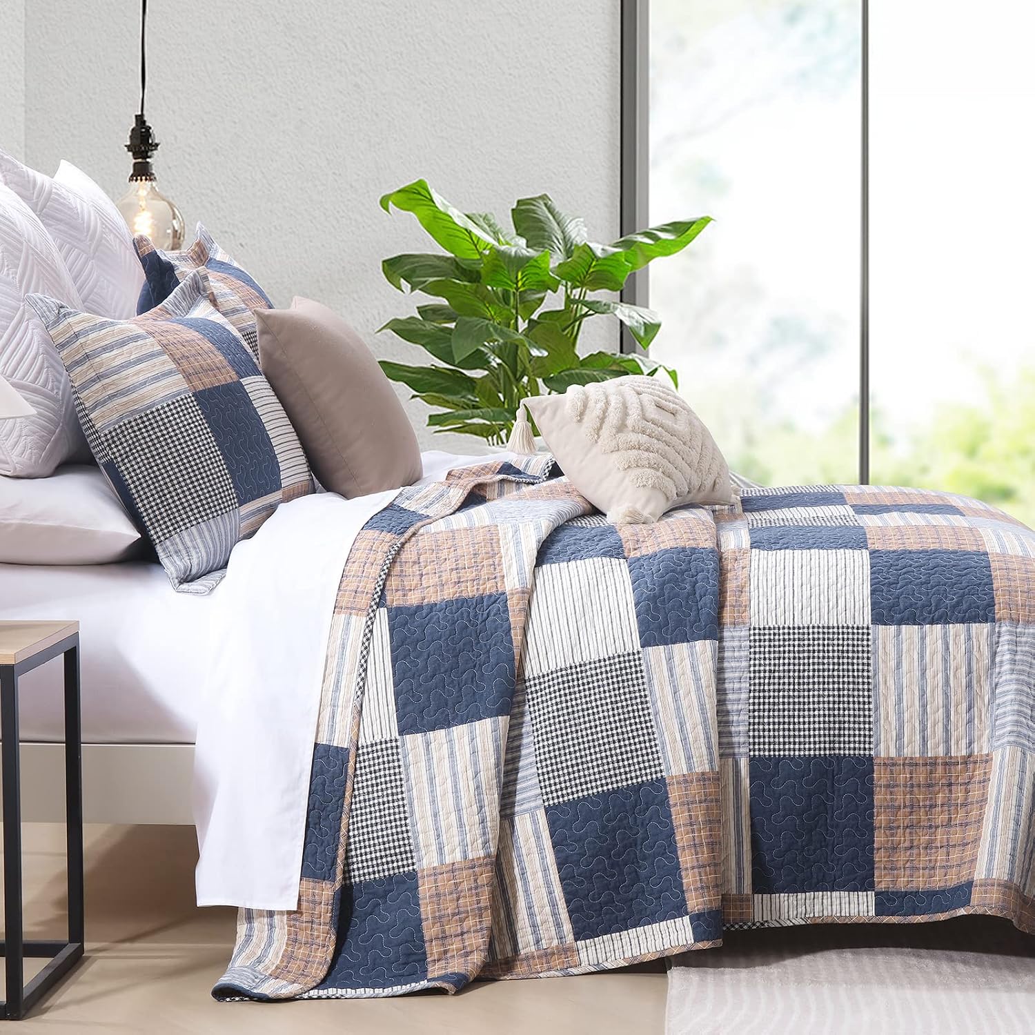 Finlonte Quilt King Size - 100% Cotton King Size Comforter Set Navy Brown White Plaid Farmhouse Quilt Bedding Set, Reversible Lightweight Soft Bedspread, Quilted Coverlet All-Season, 3-Piece