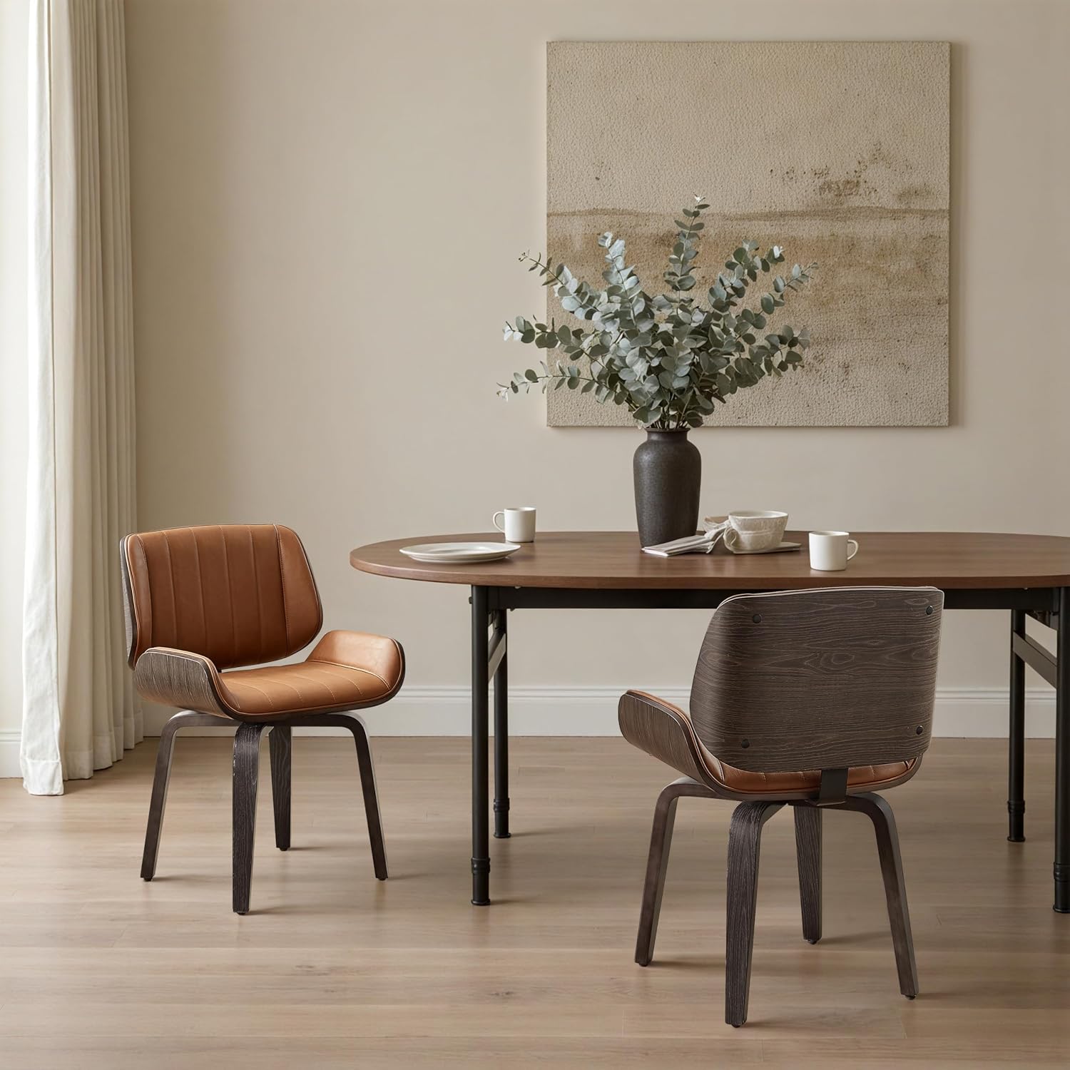Zouron Modern Dining Chair with Wooden Legs, Swivel Home Desk Chair No Wheels, Mid Century Faux Leather Chair with Black Oak Bentwood, Upholstered Kitchen Dining Room Chairs, Channel Stitch, Brown