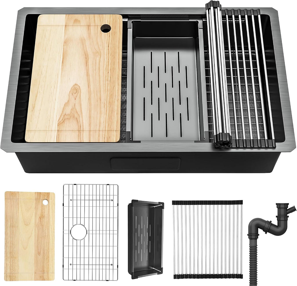 YITAHOME Kitchen Sink Undermount Workstation 32in,Gunmetal Black Stainless Steel Single Bowl w/Ledge & Accessories, Nano-treated Surface Prevents Scratches, RV, Bar Sink 32x19x10in