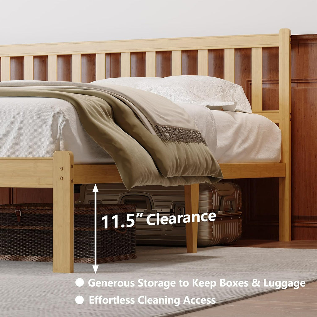 14 in High Solid Bamboo Wood Twin XL Bed Frame with Headboard, Platform Twin XL Size Bed Frame, Heavy Duty, No Box Spring Needed, Nosie Free