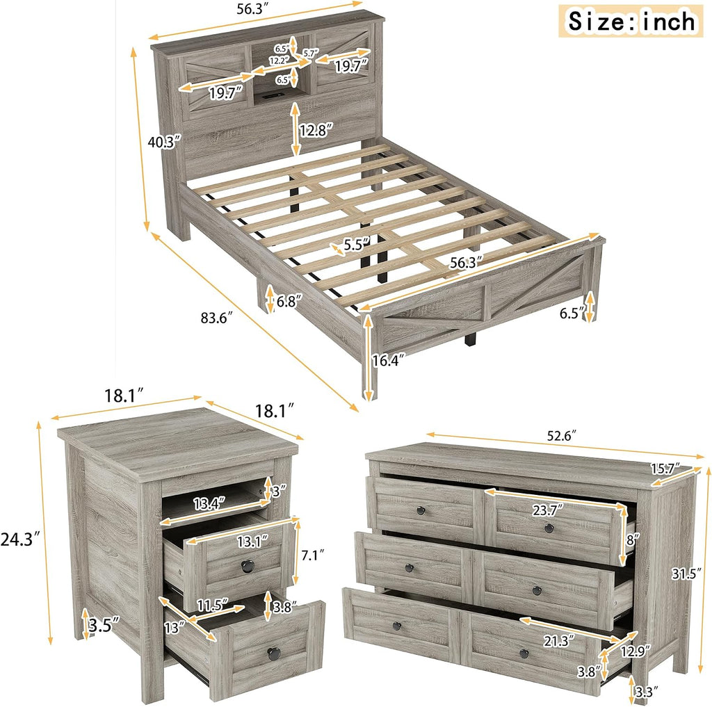 3PCS Bedroom Sets, Full Size Farmhouse Platform Bed with Double Sliding Door Storage Headboard, Cabinet & Nightstand, 3PCS Bedroom Sets with USB, for Kids, Adults, Gray