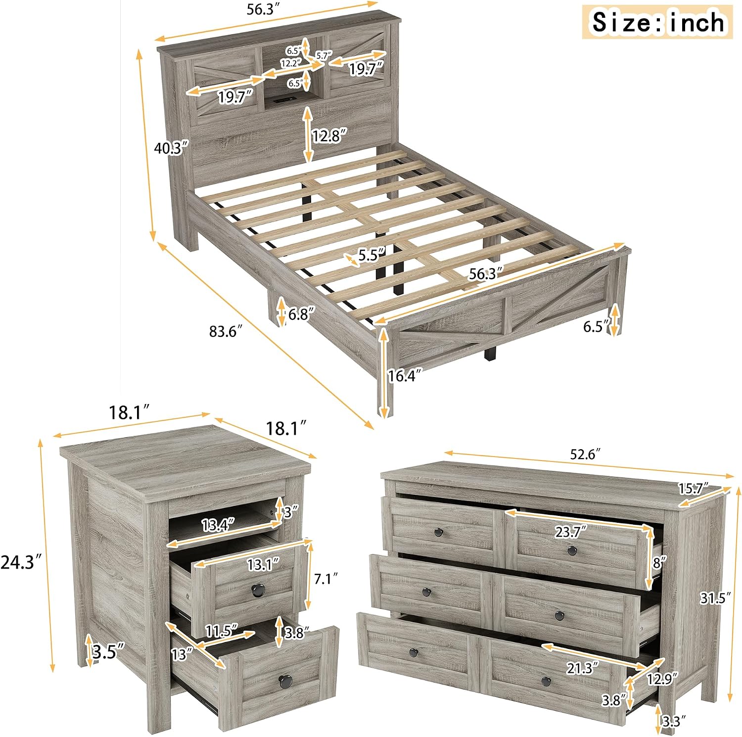 3PCS Bedroom Sets, Full Size Farmhouse Platform Bed with Double Sliding Door Storage Headboard, Cabinet & Nightstand, 3PCS Bedroom Sets with USB, for Kids, Adults, Gray