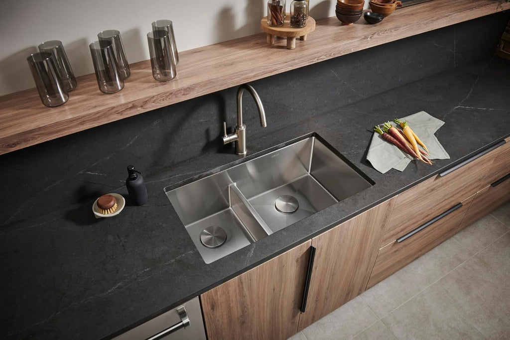 Ruvati 33-inch Low-Divide Rounded Corners Undermount Kitchen Sink - 40/60 Double Bowl Kitchen Sinks - 16 Gauge Stainless Steel Kitchen sink with Brushed Finish hides scratches - RVH7418