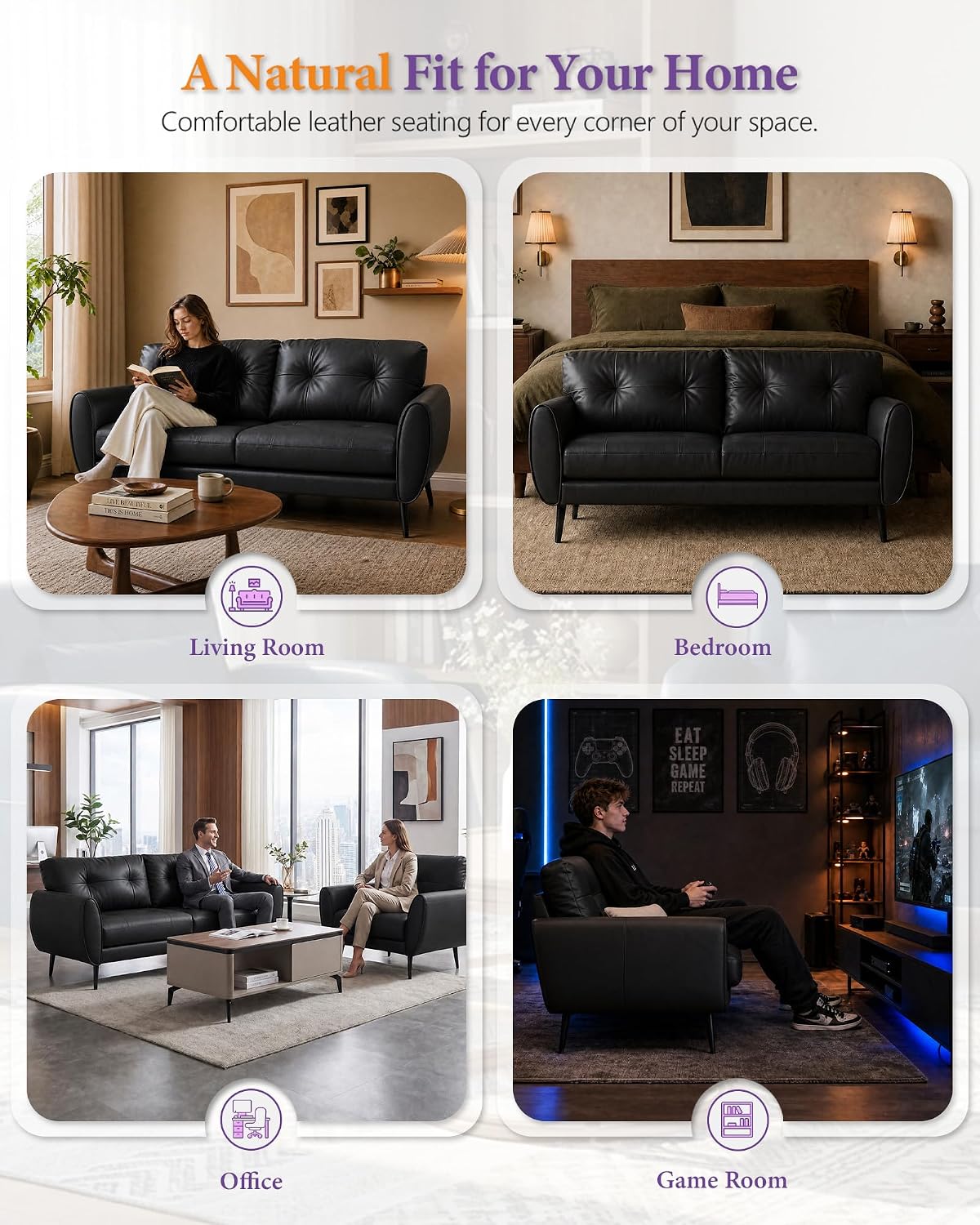 TYBOATLE Sofa Couch 61' Small Loveseat Couches for Living Room, Black Faux Leather Couch Mid Century Modern Tufted Mini Sofa Comfy Office 2 Seat Settee Love Seat Couches for Small Spaces Bedroom