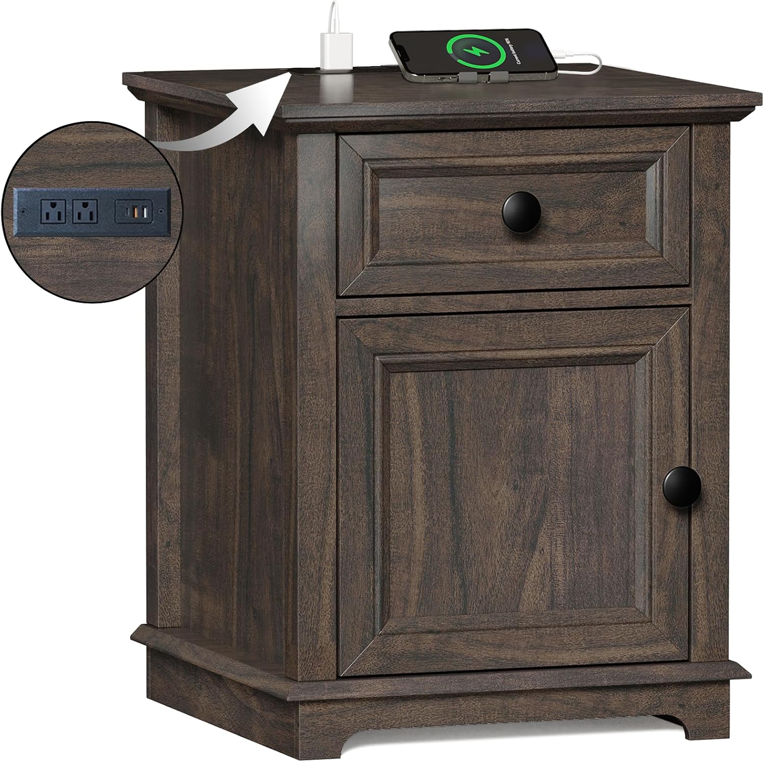 REDAYFUR 24' End Table with Fast Charging Station, Side Table with Drawer, Adjustable Shelf & Large Storage Cabinet, Vintage Wooden Nightstand for Living Room/Bedroom, Rustic Brown