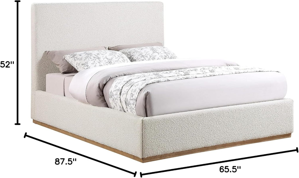 Meridian Furniture MonacoCream-Q Monaco Collection Modern | Contemporary Boucle Fabric Upholstered Queen Bed with Solid Wood Natural Wire Brush Finish, 65.5' W x 87.5' D x 52' H, Cream, Queen