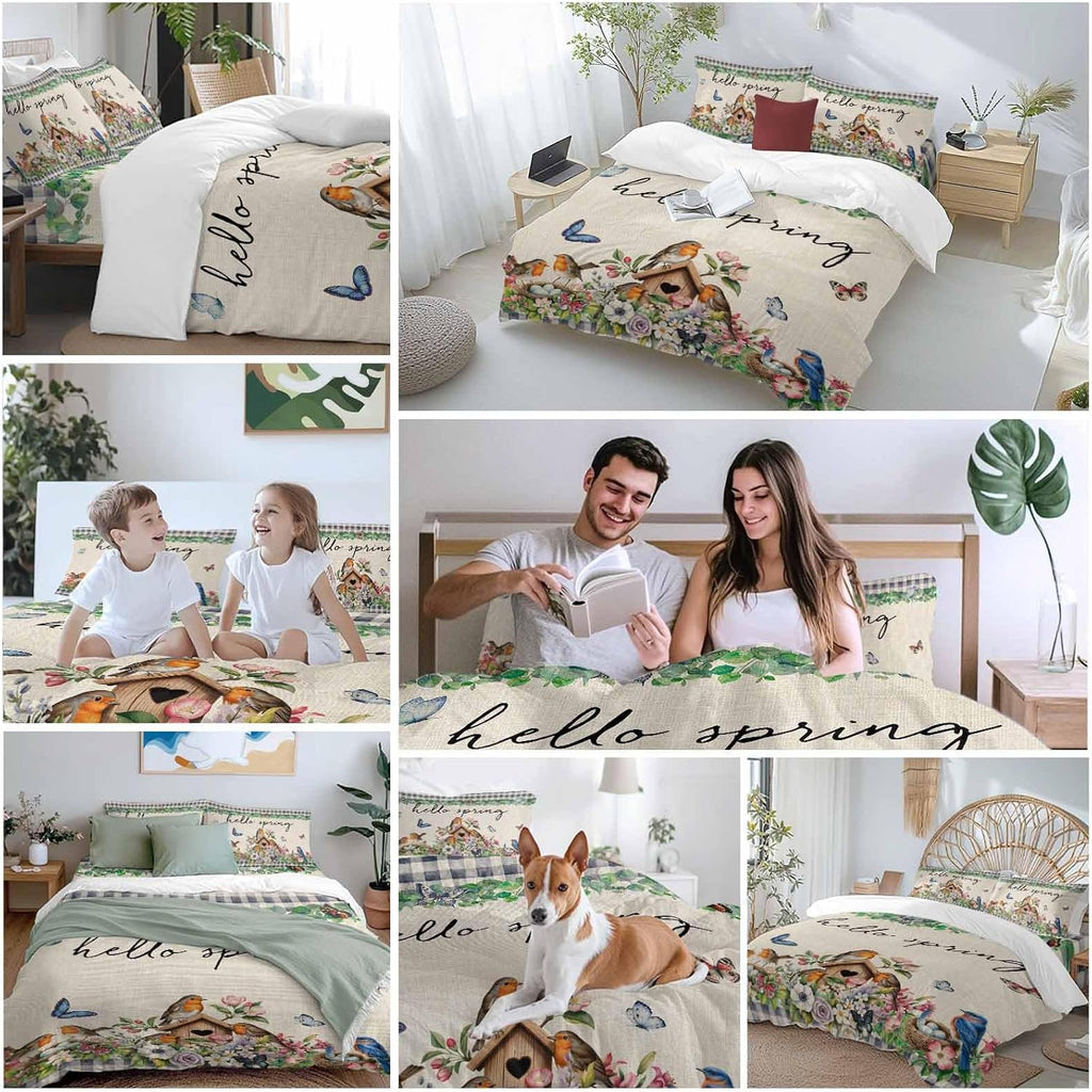 Hello Spring Duvet Cover Set Queen Size 4 Pieces Bird Pink White Flowers Butterflies Vintage Linen Texture Bedding Set with Zipper Closure,1 Comforter Cover 92x106 Inches 1 Flat Sheet & 2 Pillow Cases