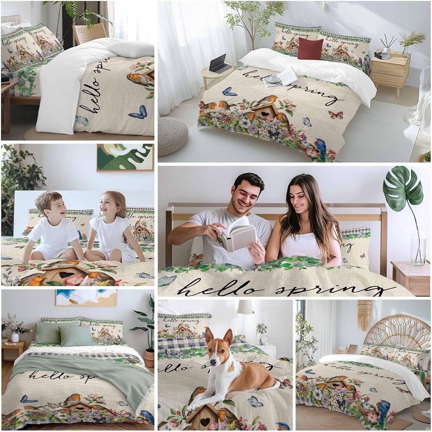 Hello Spring Duvet Cover Set Queen Size 4 Pieces Bird Pink White Flowers Butterflies Vintage Linen Texture Bedding Set with Zipper Closure,1 Comforter Cover 92x106 Inches 1 Flat Sheet & 2 Pillow Cases