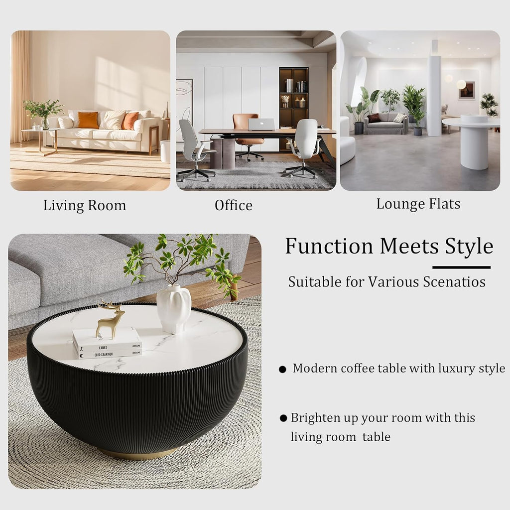 27.55' Black Round Coffee Table, Drum Coffee Table with Sintered Stone Tabletop and Fluted PU Leather Covered and Metal Base, Circle Cocktail Tea Table for Living Room