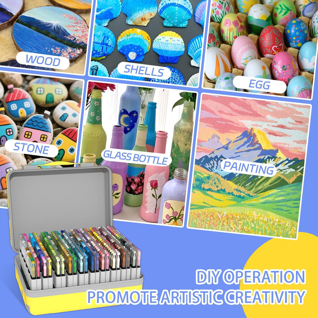 360 Colors Acrylic Paint Markers, Soft Brush Tip Pens, Water-Based No-Bleed Premium Acrylic Paint Pens for DIY Art & Crafts - Fabric, Wood, Metal, Rock, Glass (Suitcase Style)