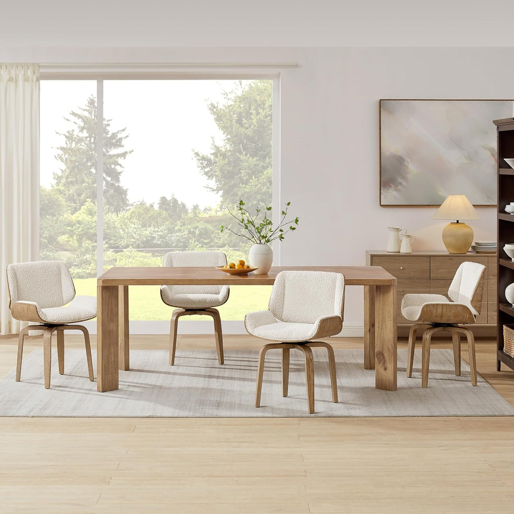 Zouron Swivel Dining Chair, Fabric Upholstered Dining Room Chair with Wood Legs, Mid Century Modern Accent Side Chair for Small Space Living Room Bedroom, Set of 2, Boucle Off White