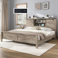 AMERLIFE Farmhouse King Bed Frame, Rustic Wood Platform Bed w/Barn Door Storage Bookcase Headboard & Charging Station, Bedroom Furniture, No Box Spring Needed, Light Grey