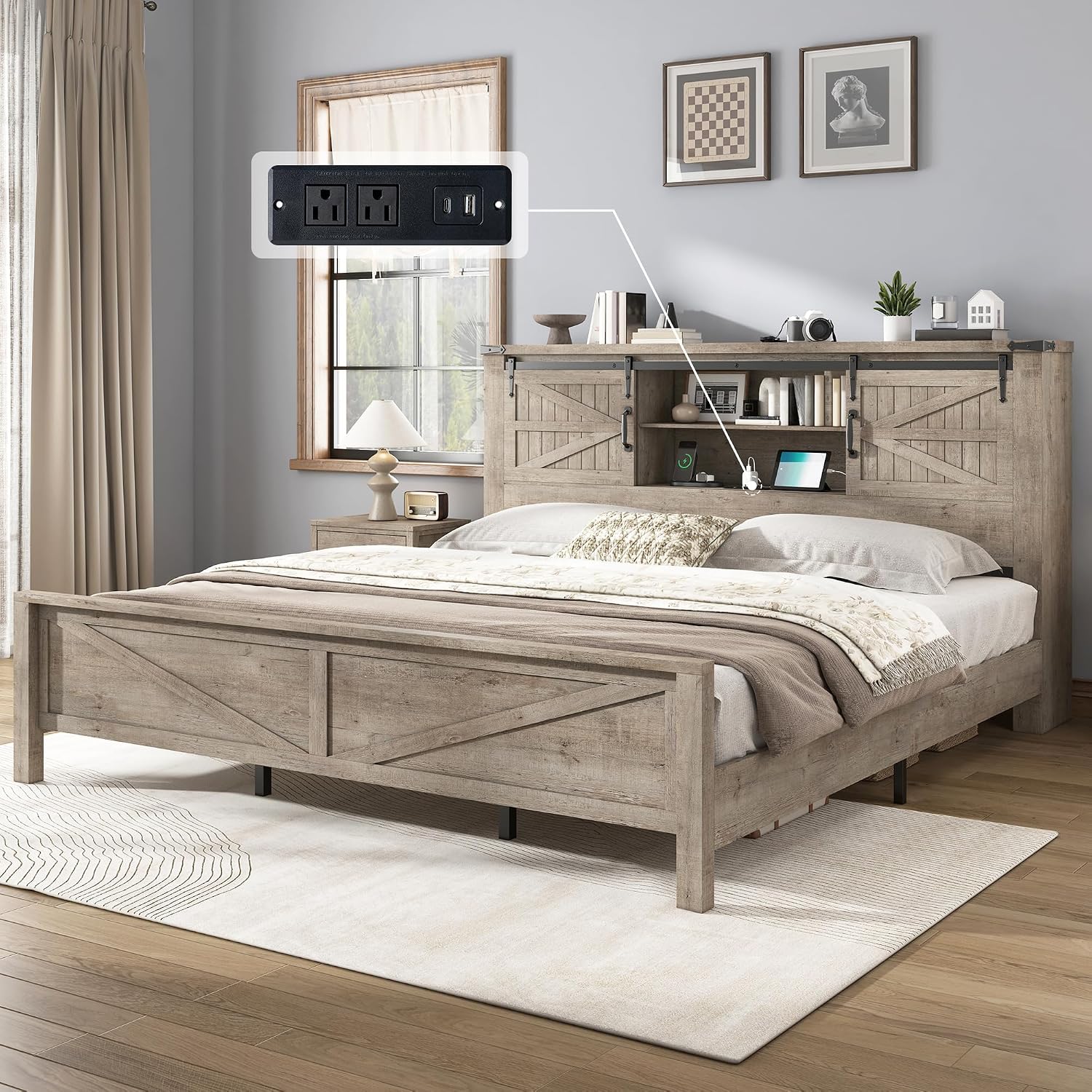 AMERLIFE Farmhouse King Bed Frame, Rustic Wood Platform Bed w/Barn Door Storage Bookcase Headboard & Charging Station, Bedroom Furniture, No Box Spring Needed, Light Grey