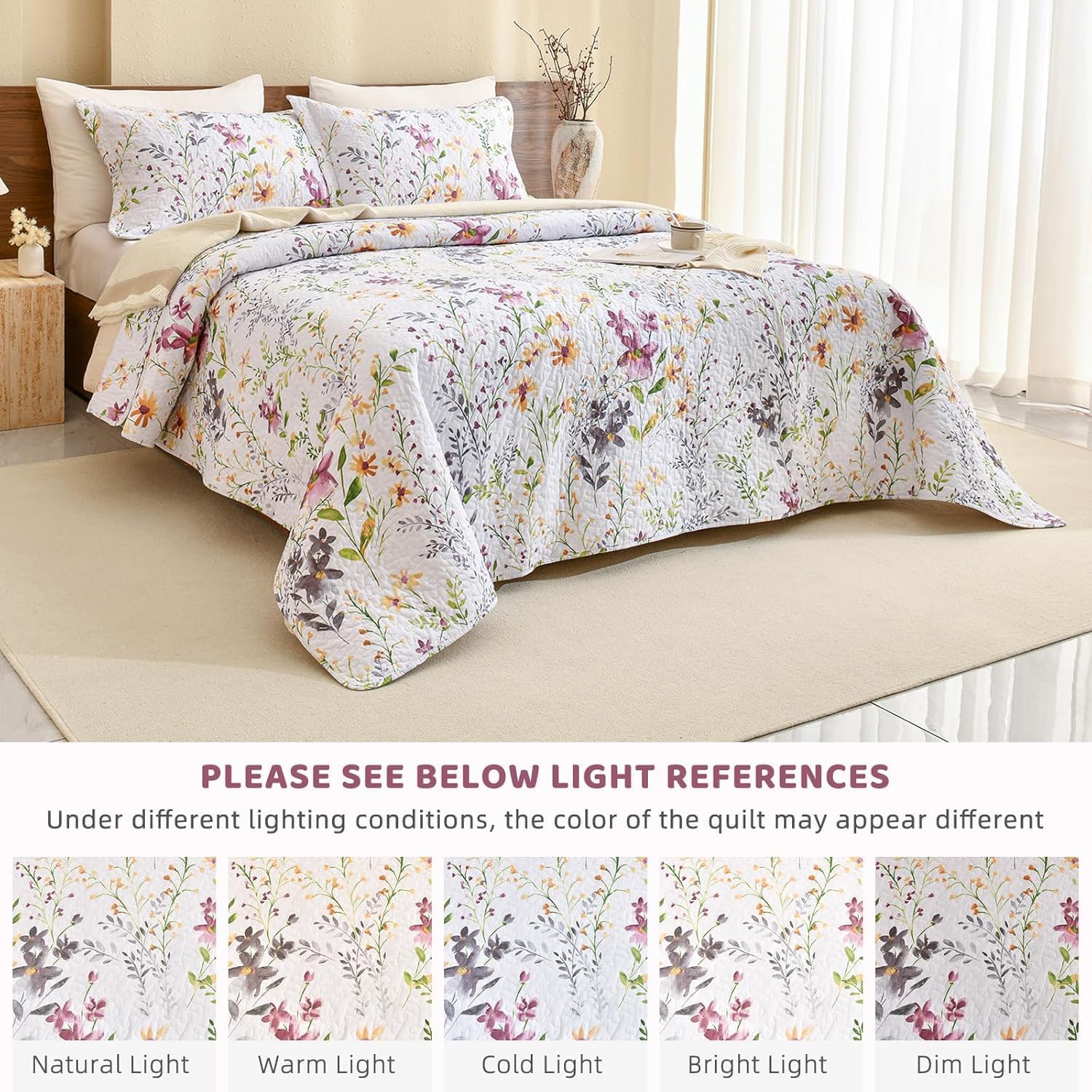 Sanracie Oversized Queen Quilt Bedspread Set(102'x118'), 100% Cotton Floral Quilted Set 3Pcs Yellow Wild Flower Botanical Printed Pattern Bedding Set for All Seasons