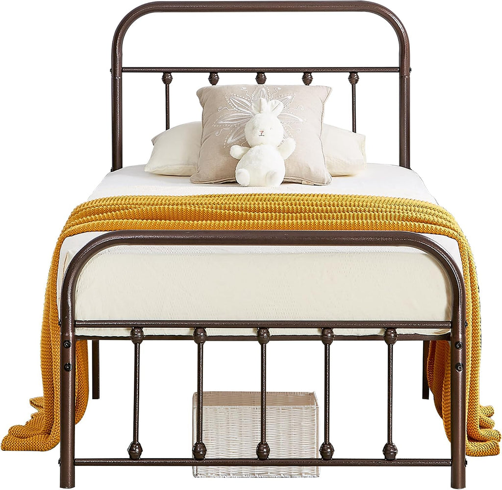 VECELO Twin Size Victorian Style Metal Bed Frame with Headboard Classic Metal Platform Bed Frame Mattress Foundation with Footboard/Under Bed Storage/No Box Spring Aple 2 Set
