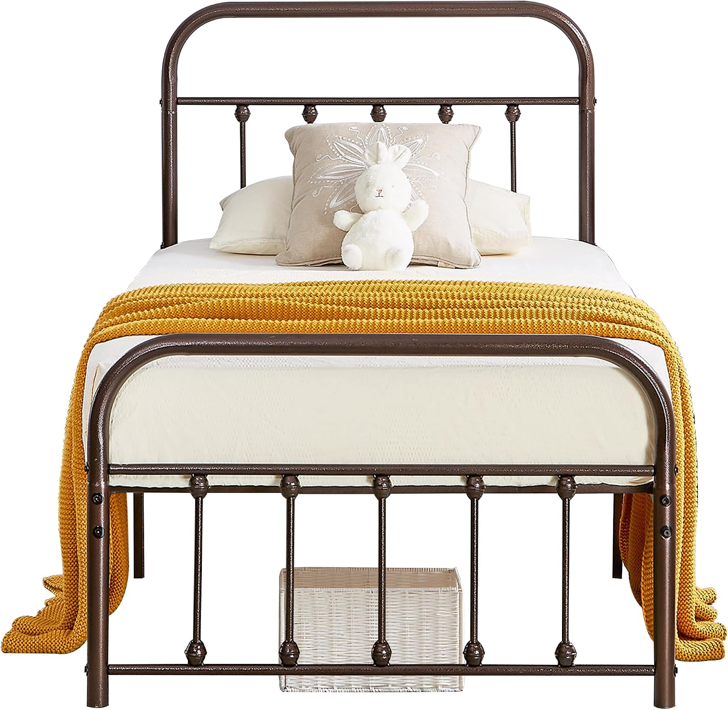 VECELO Twin Size Victorian Style Metal Bed Frame with Headboard Classic Metal Platform Bed Frame Mattress Foundation with Footboard/Under Bed Storage/No Box Spring Aple 2 Set